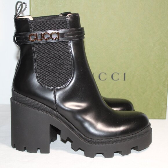 NWB Gucci GG Logo Hardware Lug Sole Black o Boots Bootie Stretch Panel 40 730064 - Picture 1 of 7